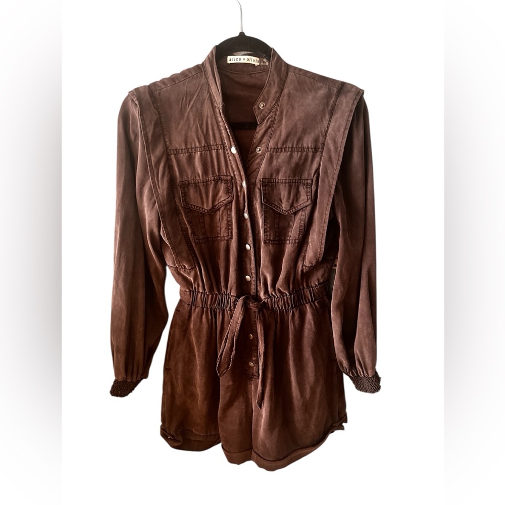 Alice + Olivia Lucy Long Sleeve Snaps Front Romper - Brown Lyocell - Size 2